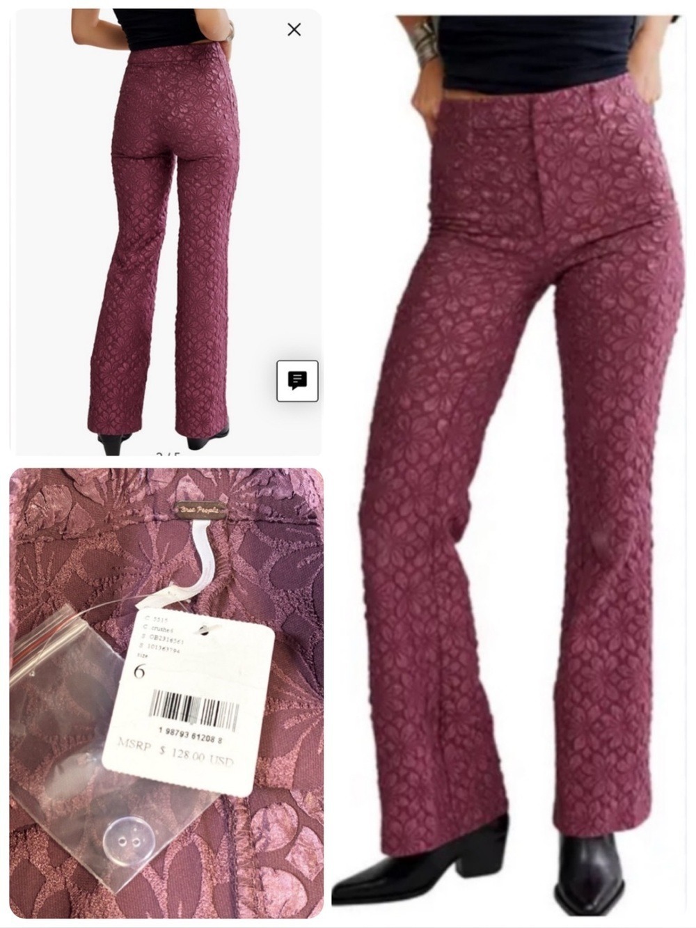 NWT Free People Runaway Floral Flare Pants Crushed Berry Size 6 Brand New